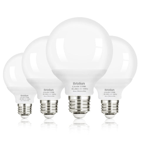 Brtstiun G25 vanity bulb emits soft white 2700K glow for bathroom lighting.