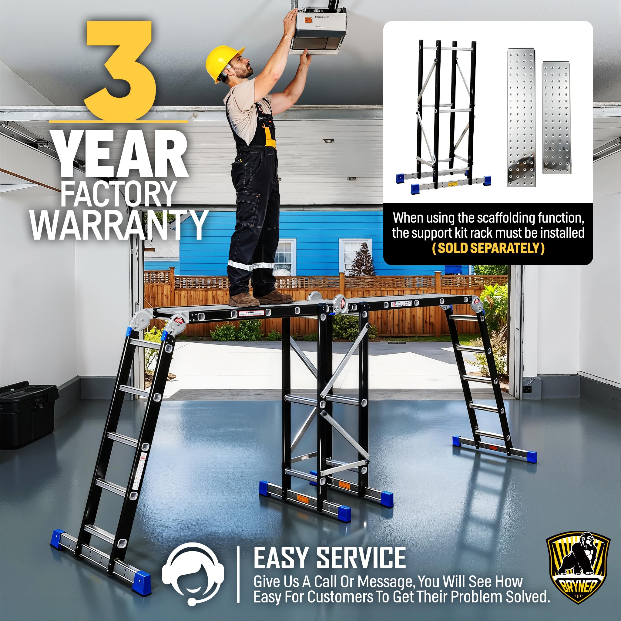Bryner folded ladder stores compactly, saving space in garages.