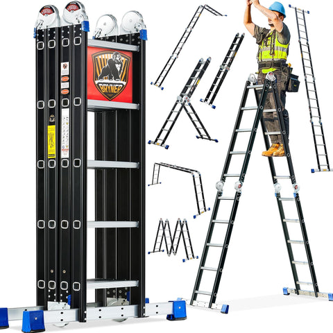 Bryner step folding ladder extended to reach high shelves with stability.