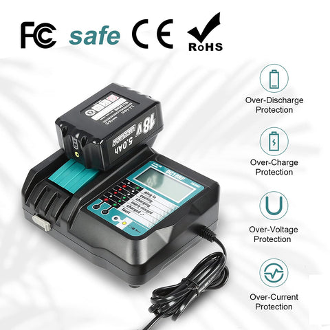 Bslite DC18RF battery-compatibility chart shows 14.4V–18V support.