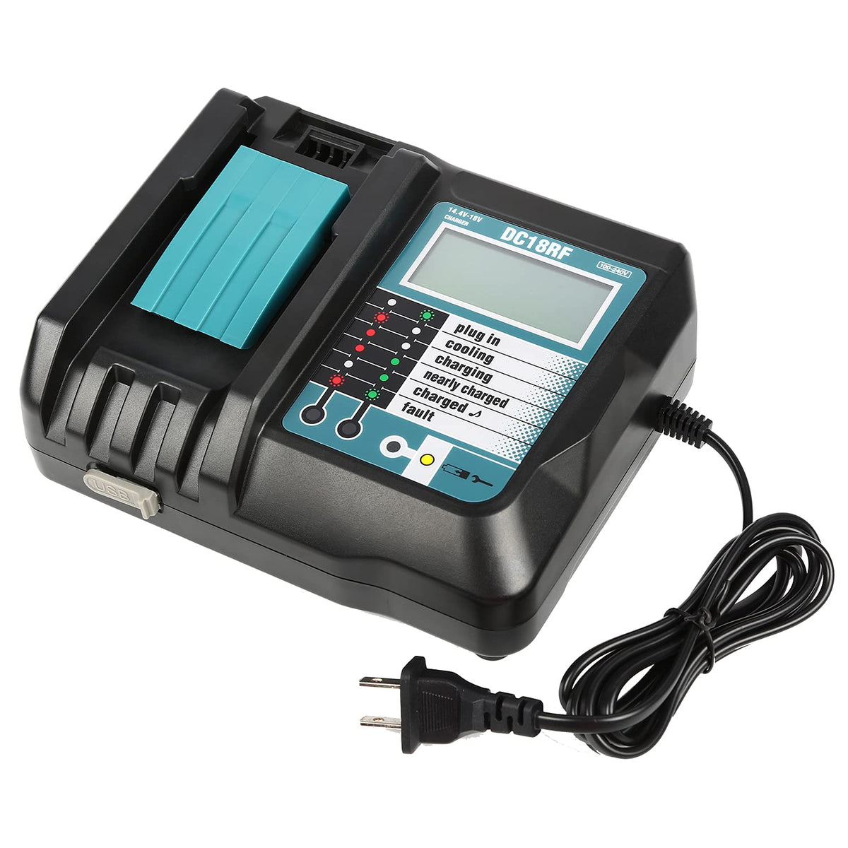 Bslite DC18RF front view highlights compact charger design for Makita batteries.
