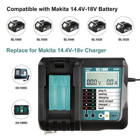 Bslite DC18RF LCD display close-up shows real-time charge status.