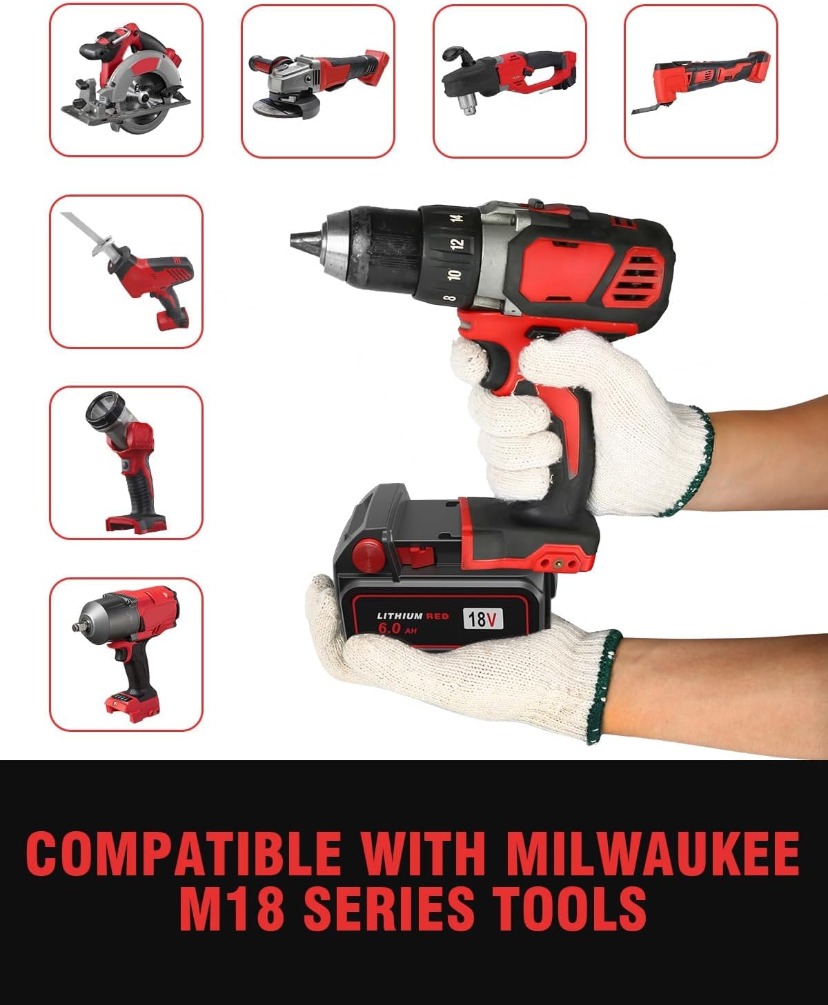 In-use Bslite M18 6.0Ah battery powering Milwaukee tools