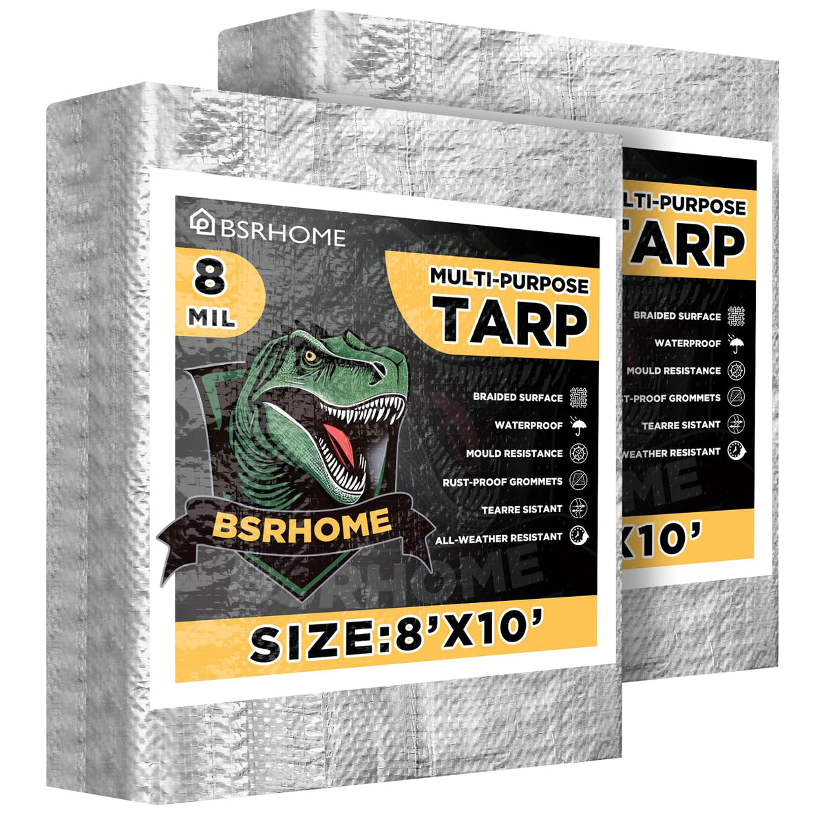 BSRHOME tarps waterproof 8x10ft in silver, ideal for outdoor coverage.