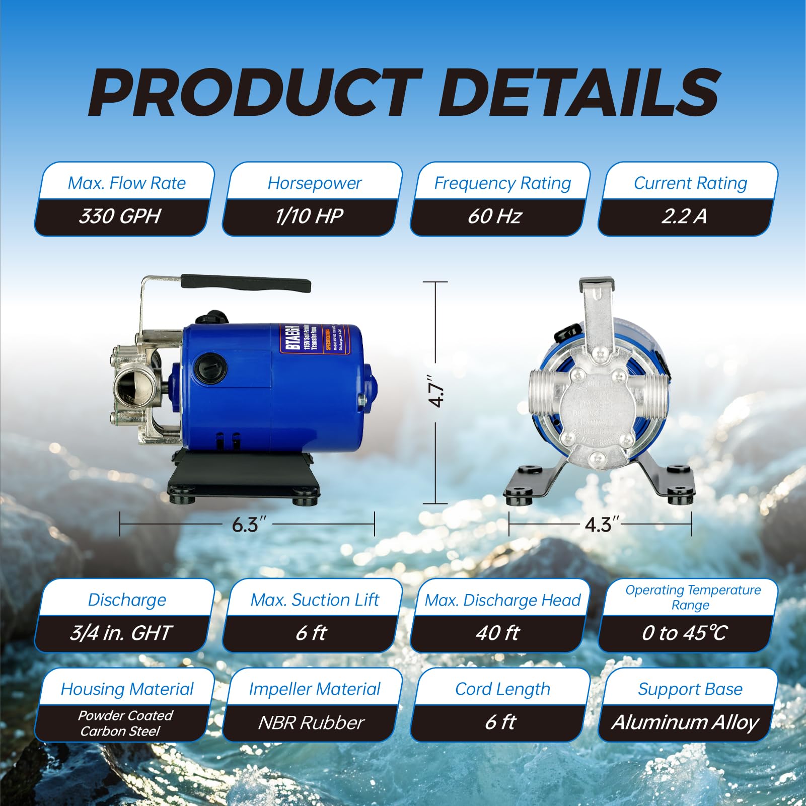 BTAEGH water transfer pump delivers up to 330 GPH for rapid liquid transfer.