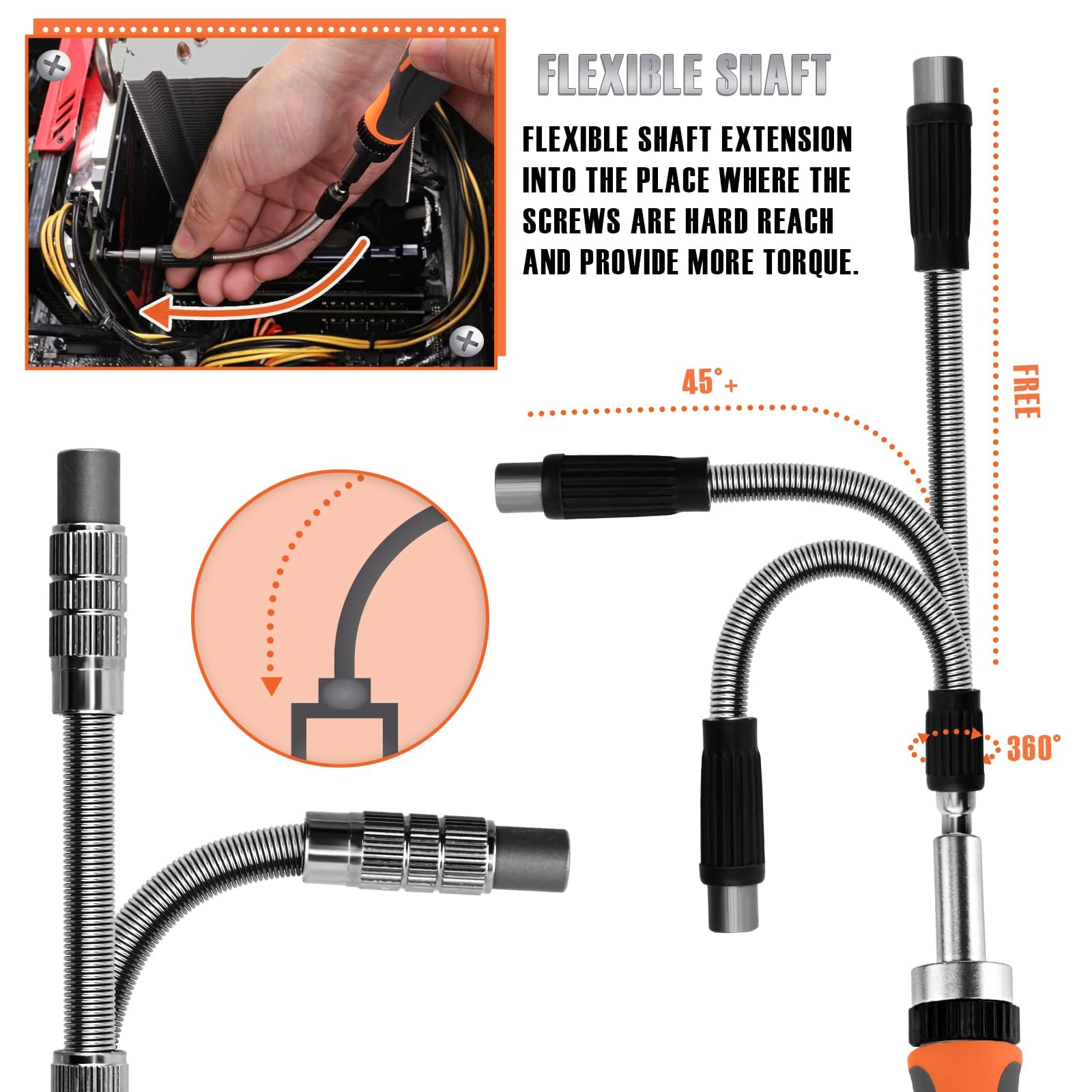 BTEC flexible extension bar reaches hard-to-access screws.