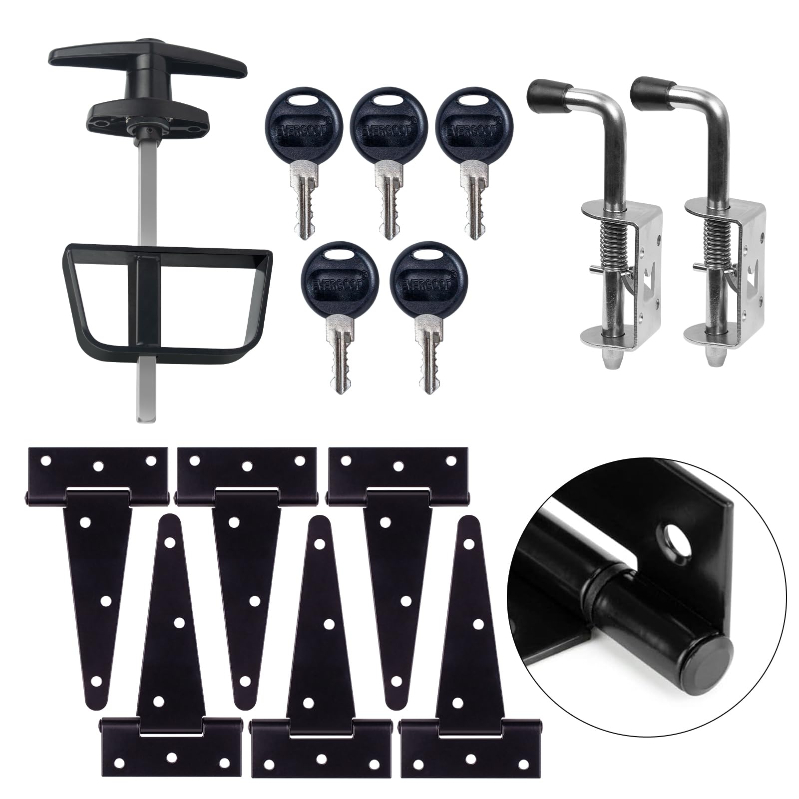 BTEOBFY shed door hardware kit front view highlighting sturdy hinges and lock for outdoor security.