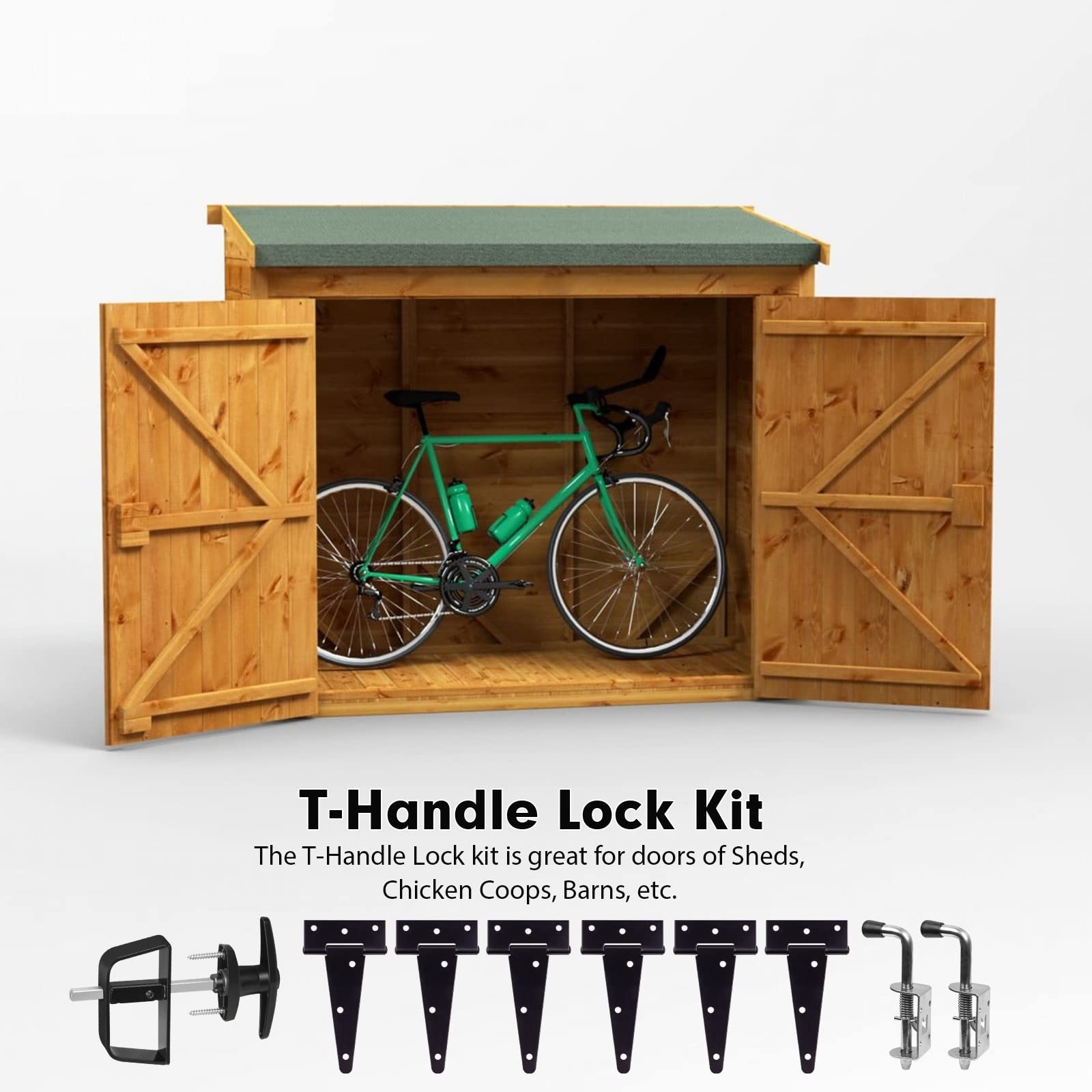 BTEOBFY shed door hardware kit installed hinges demonstrating universal compatibility with standard shed doors.