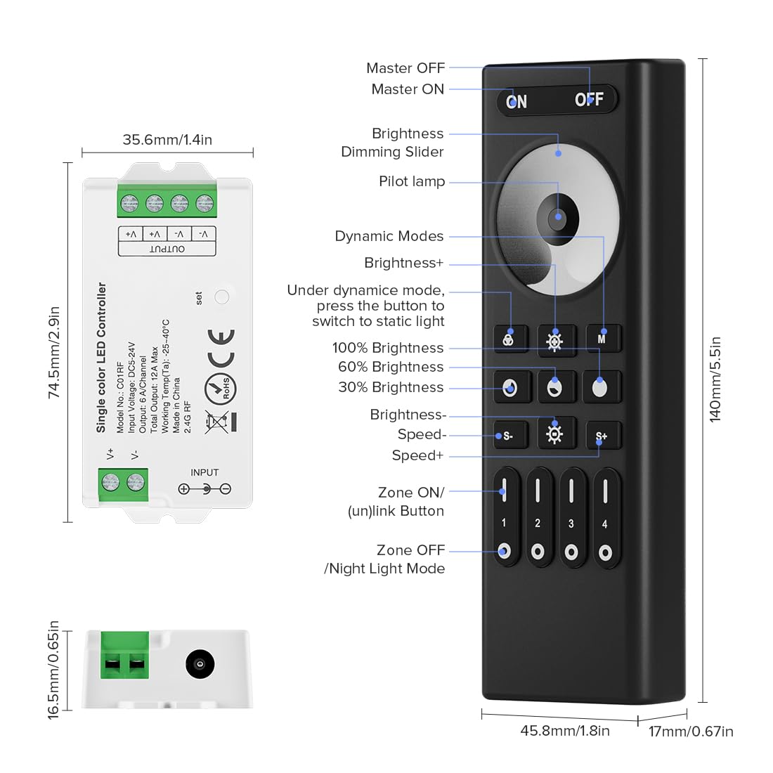 BTF-LIGHTING brightness adjustment remote with comfortable grip