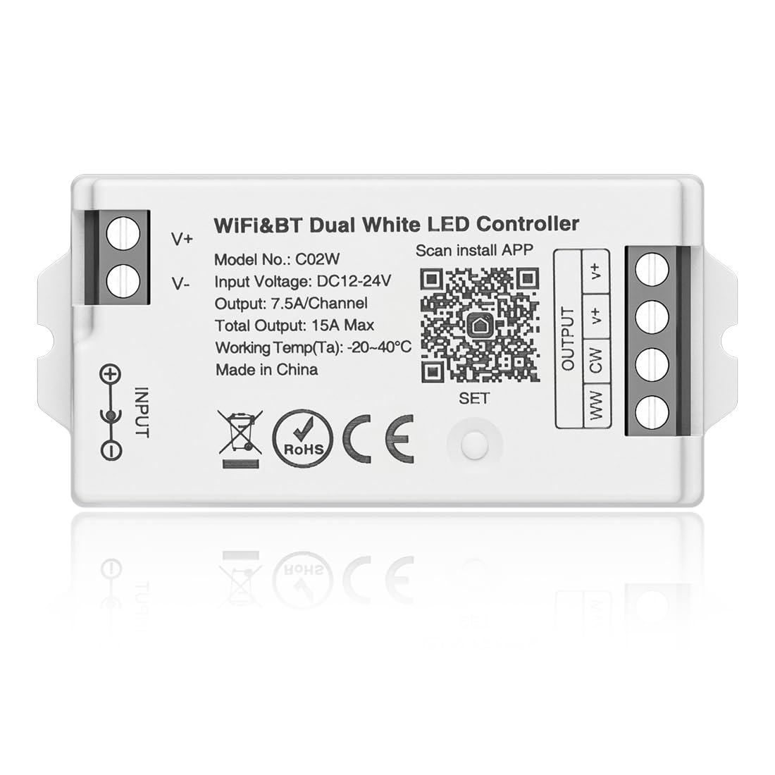 BTF-LIGHTING C02W dual white LED strip controller with smooth dimming