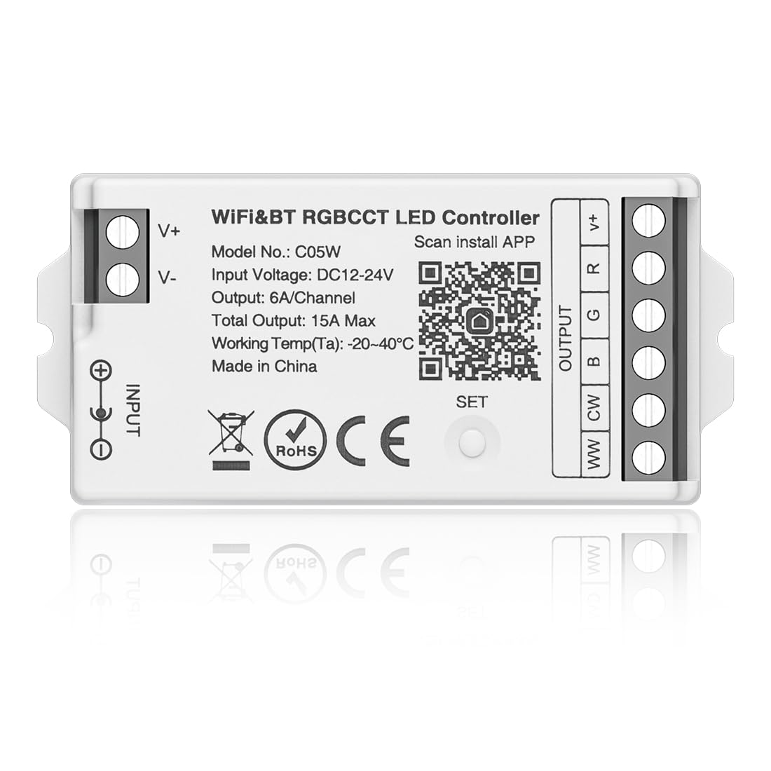 BTF-LIGHTING C05W RGB+CCT strip controller enabling vibrant color effects and precise brightness control