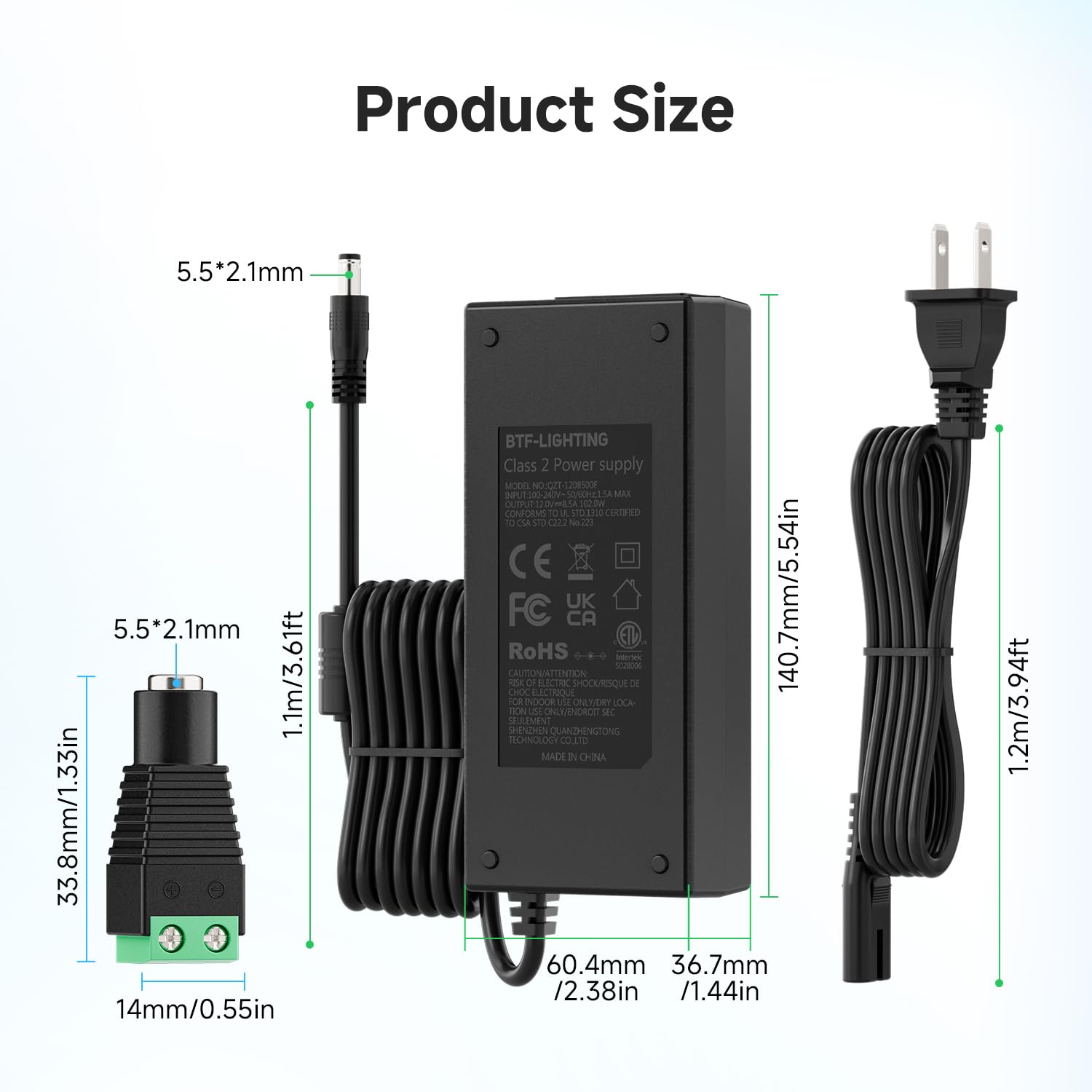 BTF-LIGHTING ETL-certified label on adapter ensures safe operation.
