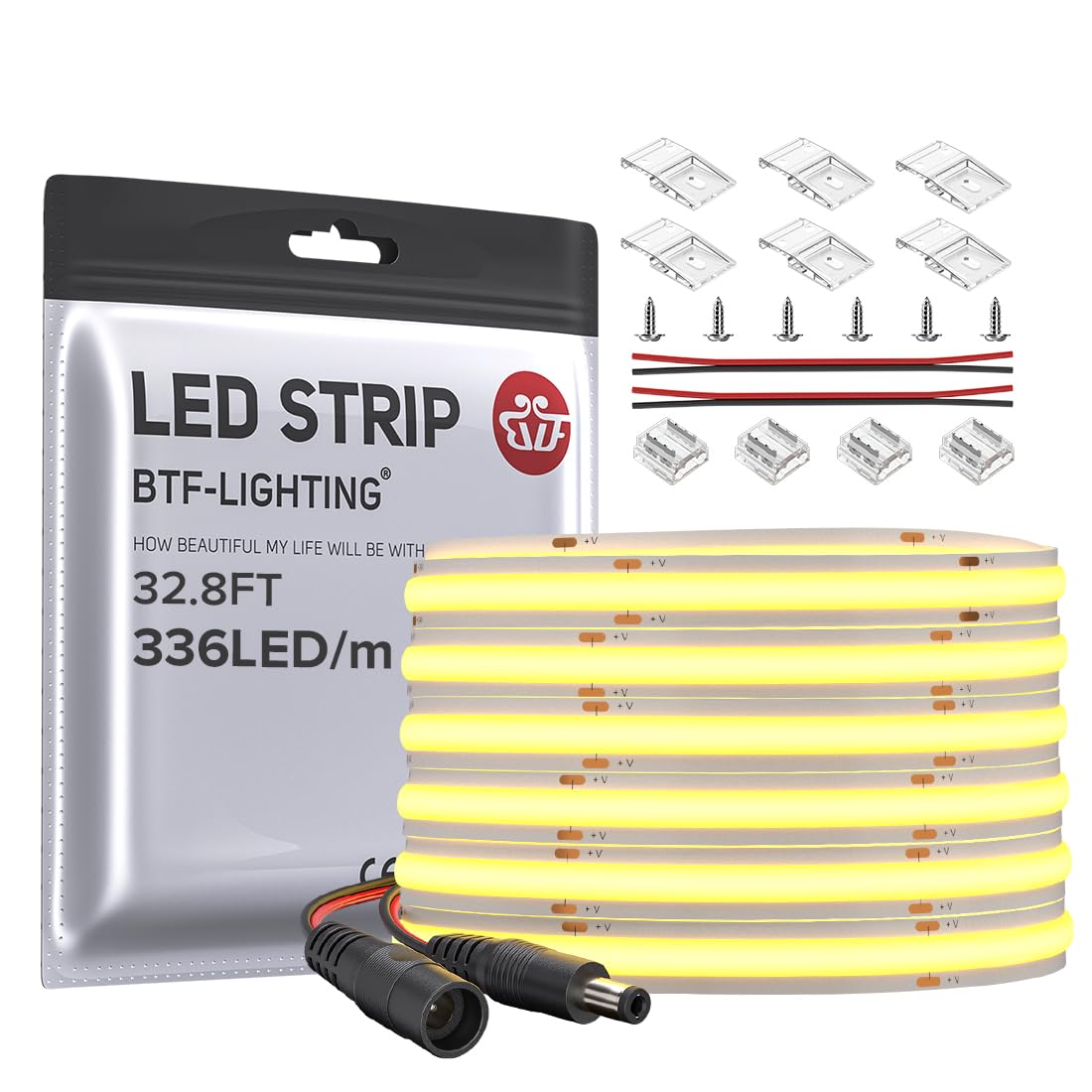 BTF-LIGHTING FCOB LED strip shows dense LEDs delivering even warm white light for interiors.