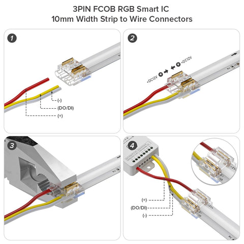 BTF-LIGHTING FCOB right wire-to-strip connector for secure light paths.