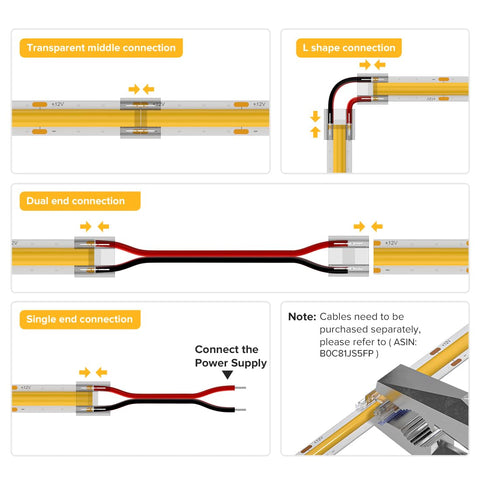 BTF-LIGHTING FCOB 10mm extension connector supports flexible layouts for installations.