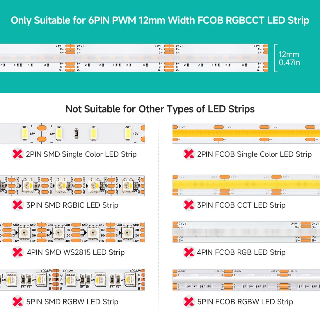 BTF-LIGHTING FCOB 12mm dual-end with wire connector for quick extensions.