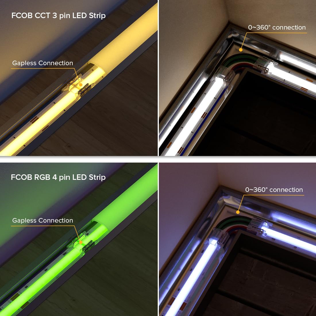 BTF-LIGHTING FCOB 4-pin 10mm gapless solderless connector provides clean installations.