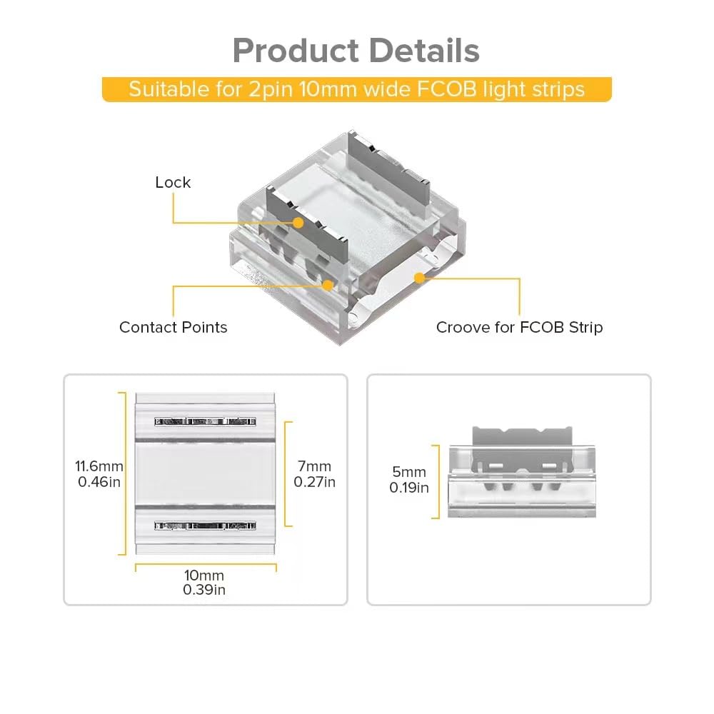 BTF-LIGHTING FCOB edge-to-edge connector supports 10mm strips for clean corner connections.