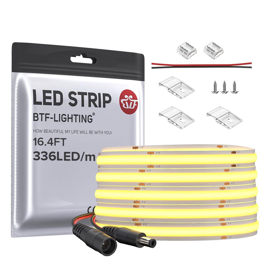 BTF-LIGHTING FCOB LED strip emits uniform warm white light for cozy living spaces.