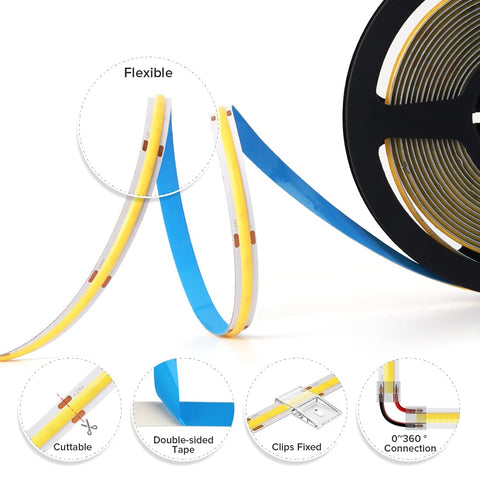 BTF-LIGHTING FCOB LED strip is cuttable and connectable for custom layouts.