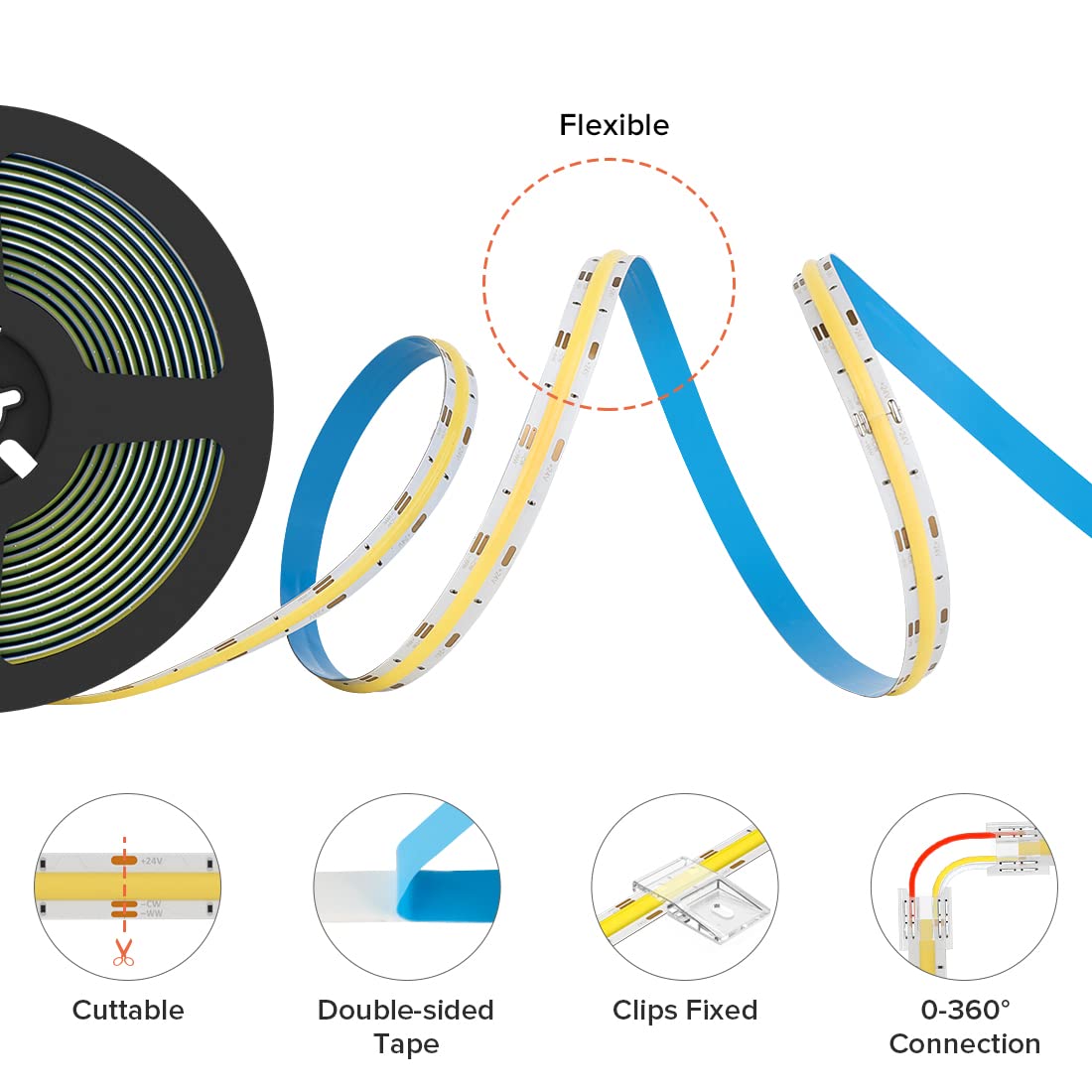 BTF-LIGHTING FCOB LED strip cuttable and expandable for end-to-end installations.