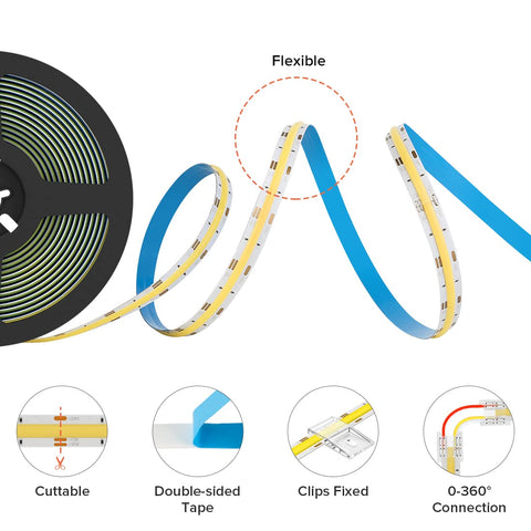 BTF-LIGHTING FCOB LED strip cuttable and expandable for end-to-end installations.