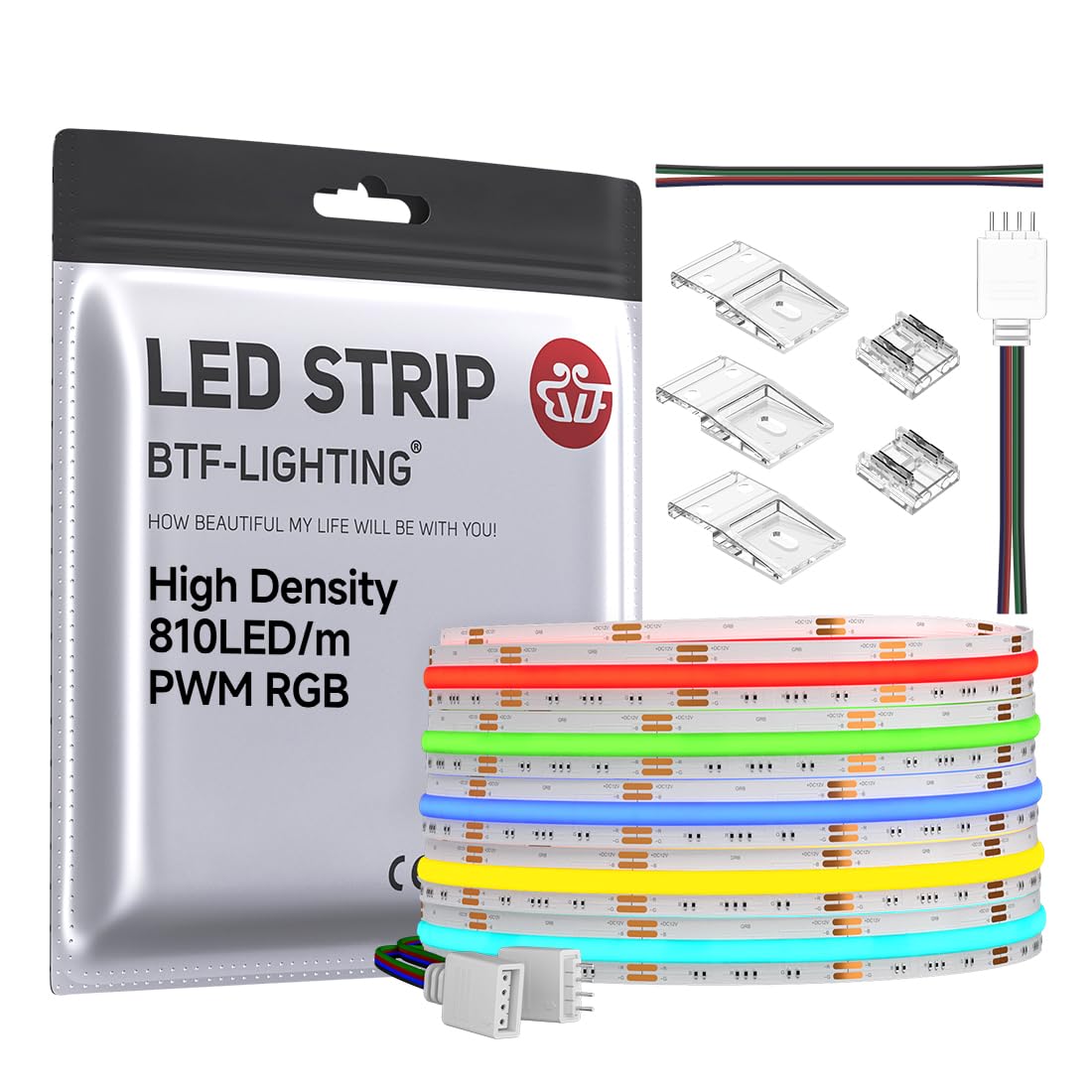 BTF-LIGHTING FCOB RGB LED strip full-length view for seamless color lighting