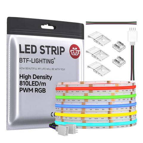 BTF-LIGHTING FCOB RGB LED strip full-length view for seamless color lighting