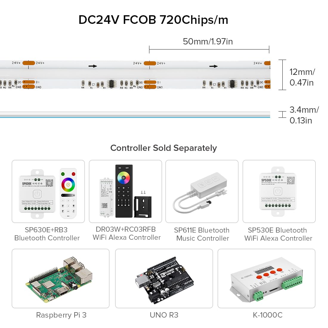 BTF-LIGHTING FCOB RGB strip cuttable every 50mm for flexible layouts.