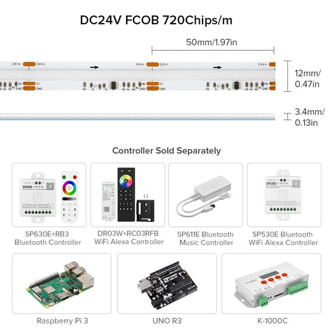 BTF-LIGHTING FCOB RGB strip cuttable every 50mm for flexible layouts.