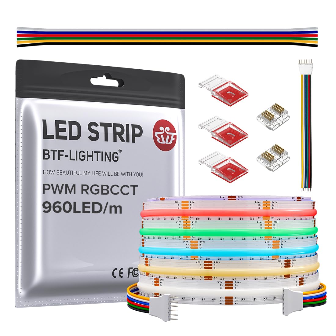 BTF-LIGHTING FCOB RGBCCT strip with 16.4ft length delivers bright, uniform color.