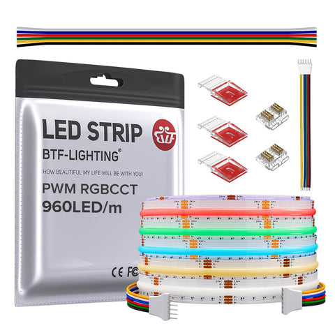 BTF-LIGHTING FCOB RGBCCT strip with 16.4ft length delivers bright, uniform color.