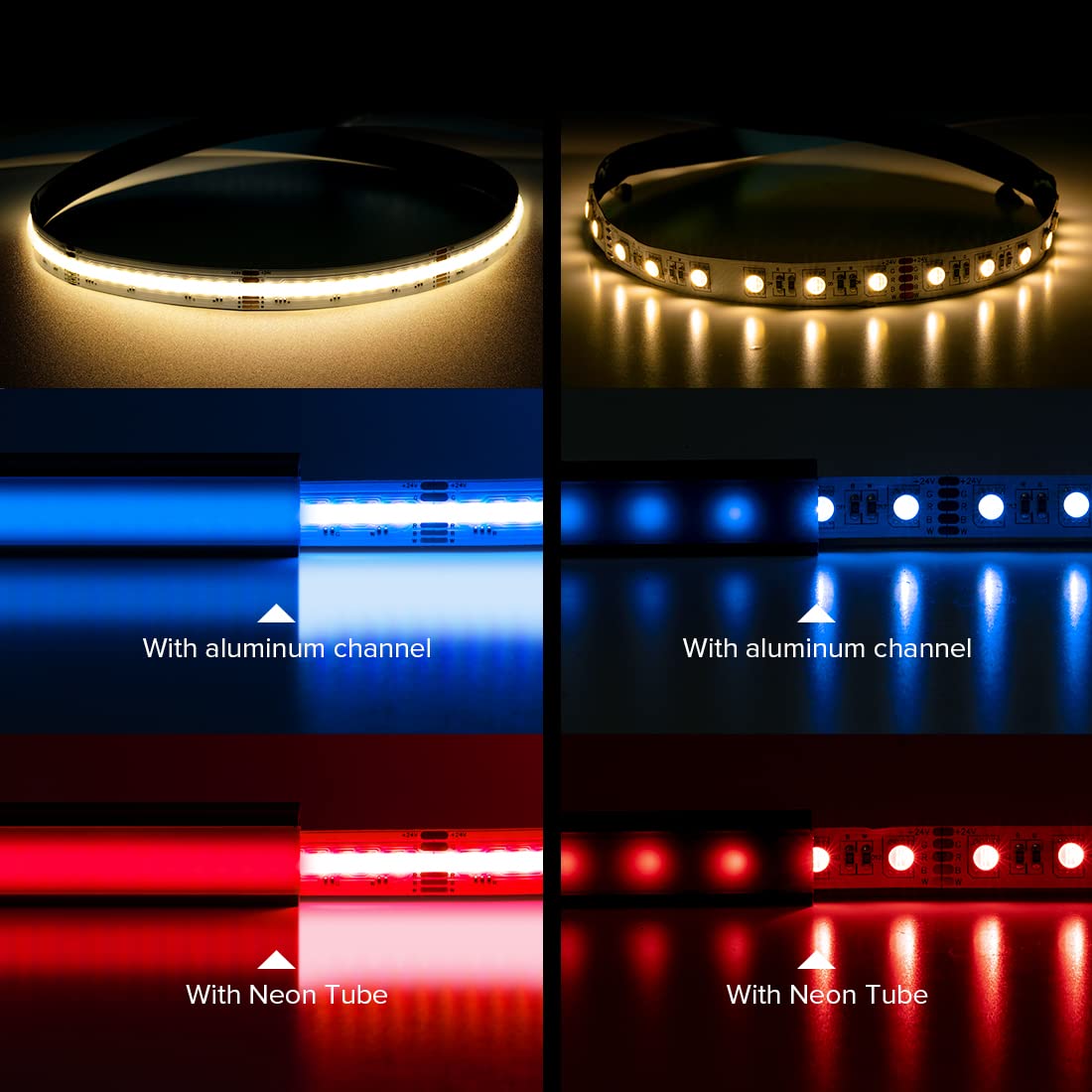 BTF-LIGHTING FCOB RGBW strip demonstrates color change options for ambience