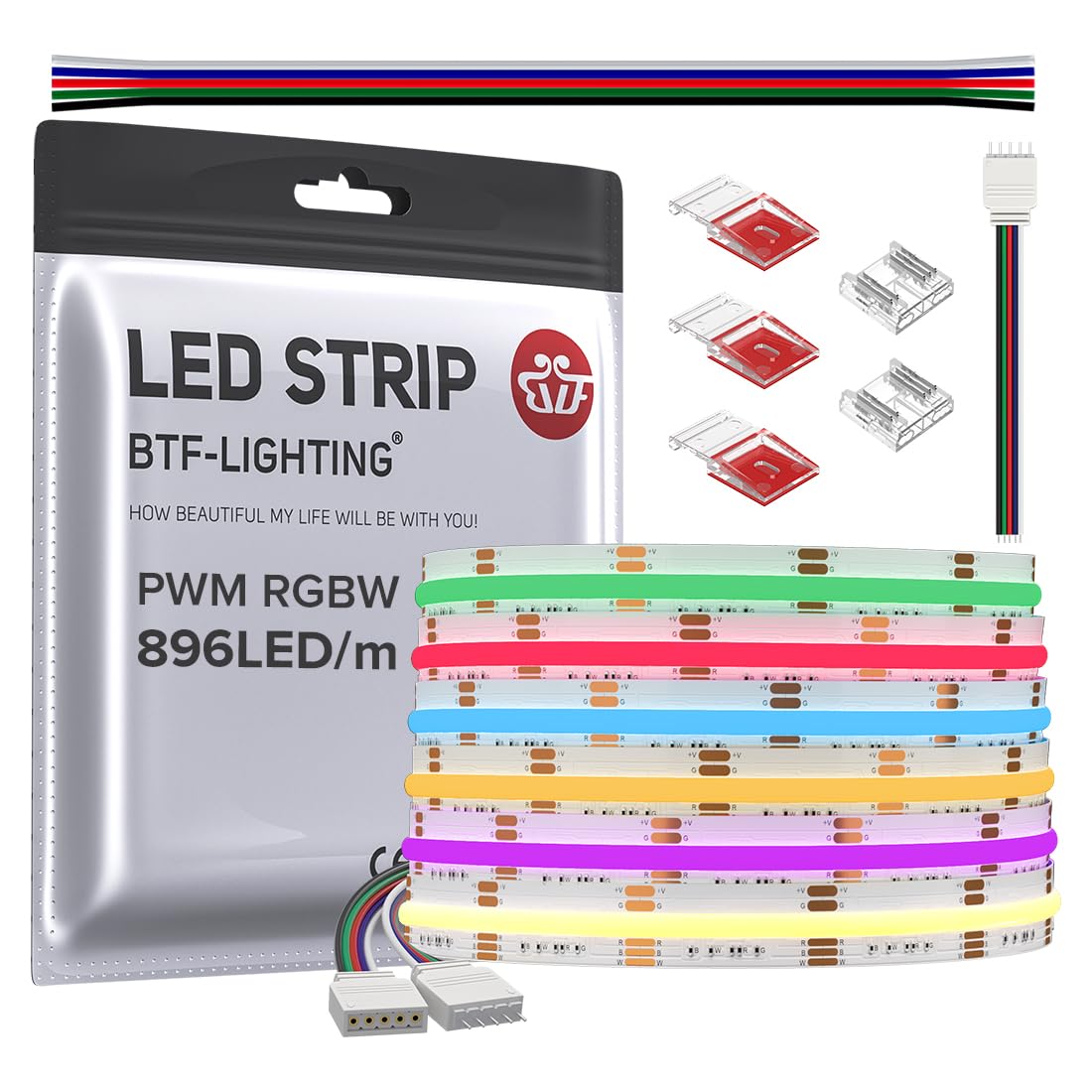 BTF-LIGHTING FCOB RGBW strip showing dense light for uniform brightness