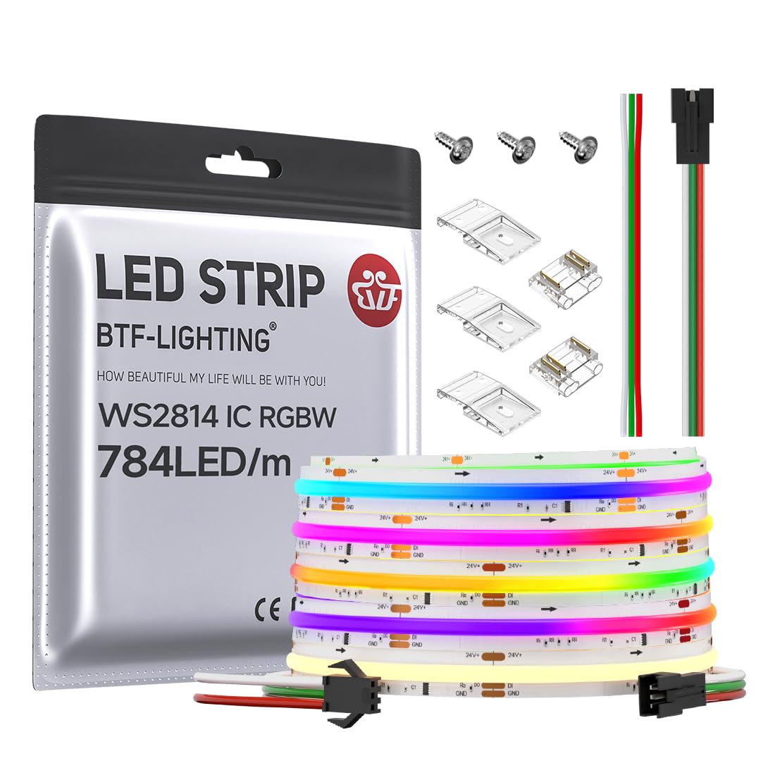 BTF-LIGHTING FCOB WS2814 RGBW strip shows vibrant color in a 16.4ft run.