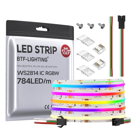 BTF-LIGHTING FCOB WS2814 RGBW strip shows vibrant color in a 16.4ft run.