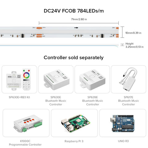 BTF-LIGHTING FCOB WS2814 RGBW strip pairs with compatible controllers for dynamic effects.