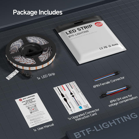 BTF-LIGHTING packaging includes strip, compensation, connector and manual