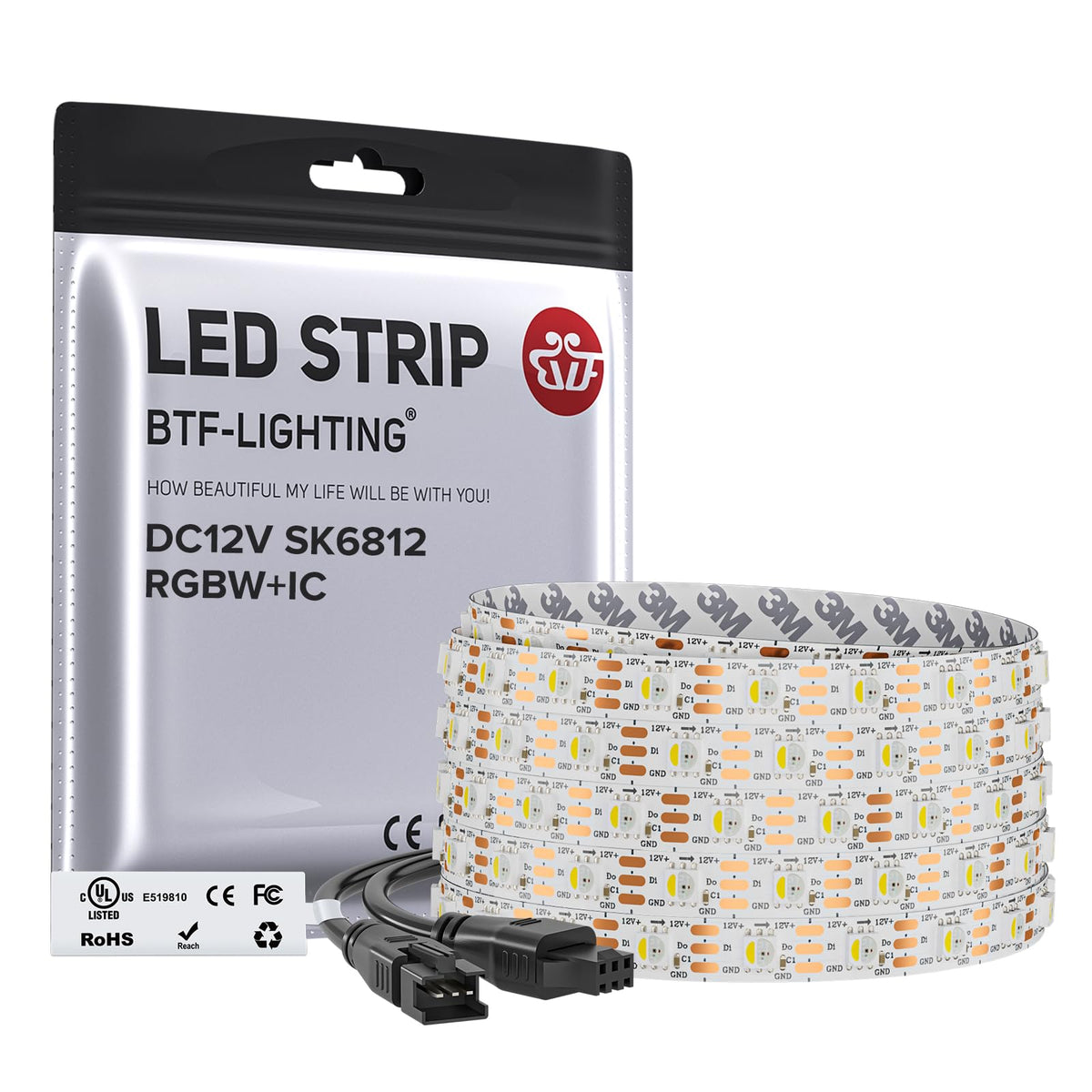 BTF-LIGHTING SK6812 RGBW strip closeup with individually addressable LEDs for custom lighting