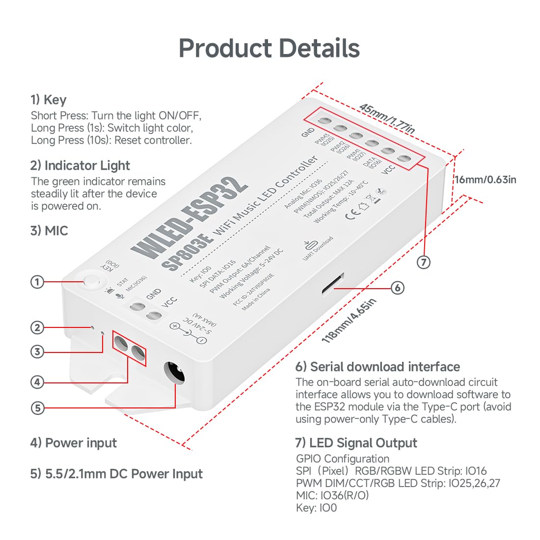 SP803E board layout showing power, USB-C, and data ports for DIY projects