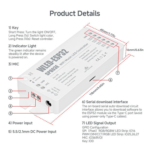 SP803E board layout showing power, USB-C, and data ports for DIY projects