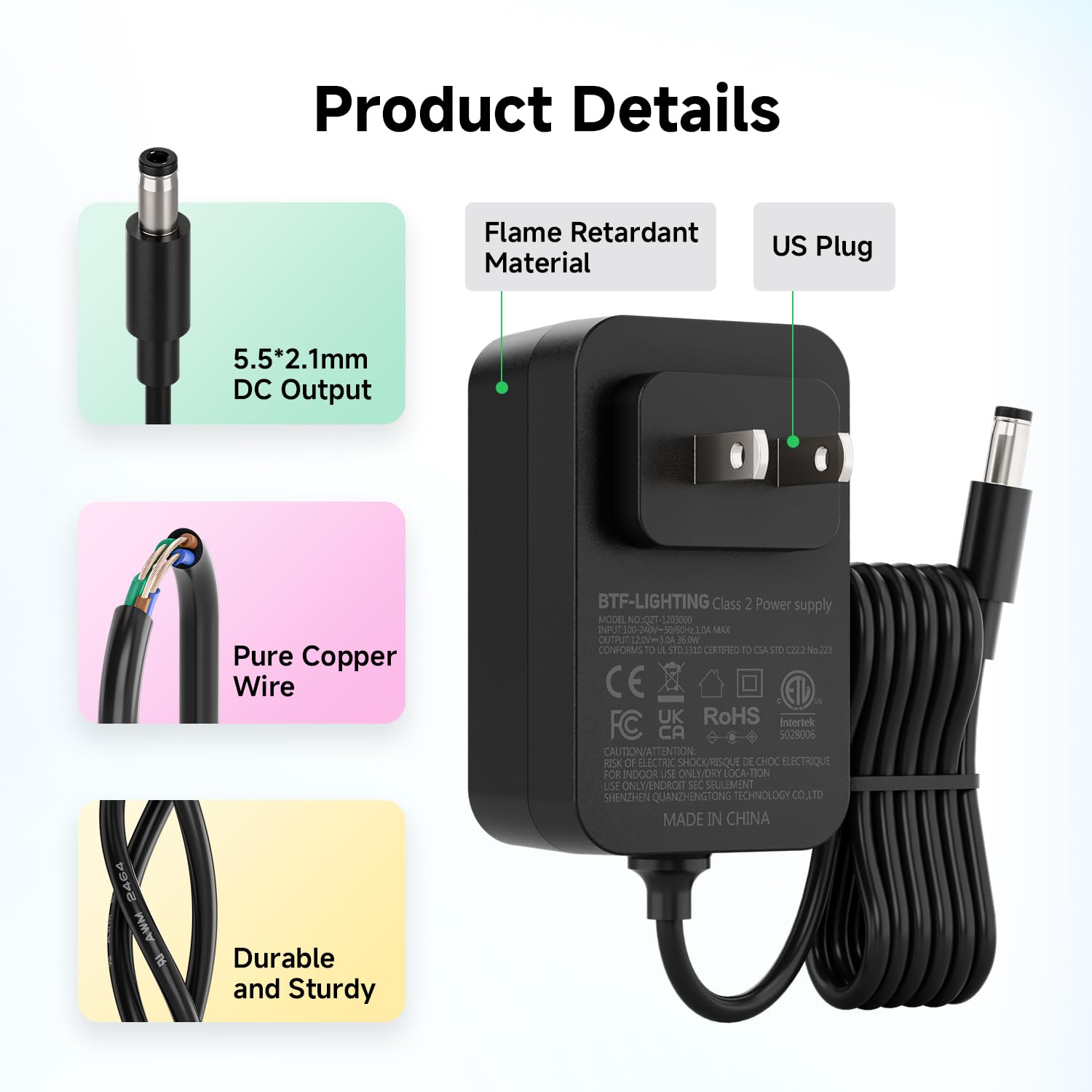 BTF-LIGHTING power supply plugged into wall outlet for easy setup.