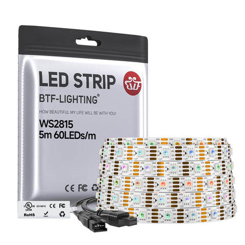 BTF-LIGHTING WS2815 strip close-up of 16.4 ft with vibrant, uninterrupted color