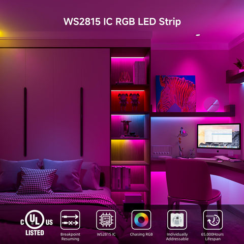 BTF-LIGHTING WS2815 strip measures 16.4 ft and fits flexible installations.