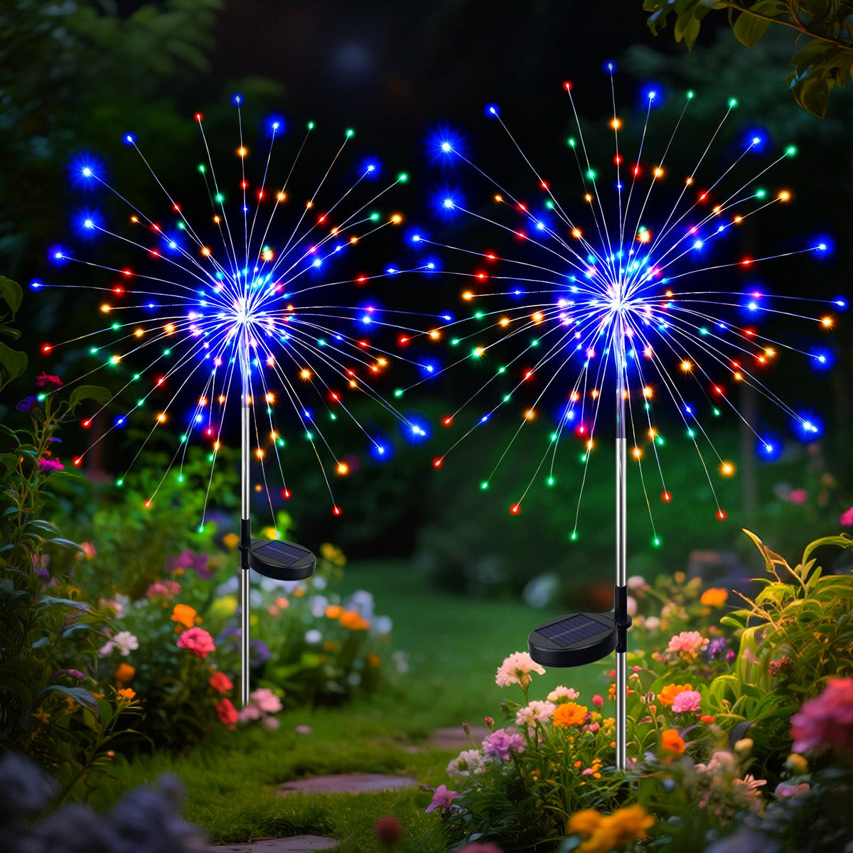 btfarm 2-pack solar garden lights deliver a vibrant firework display for outdoor decor.