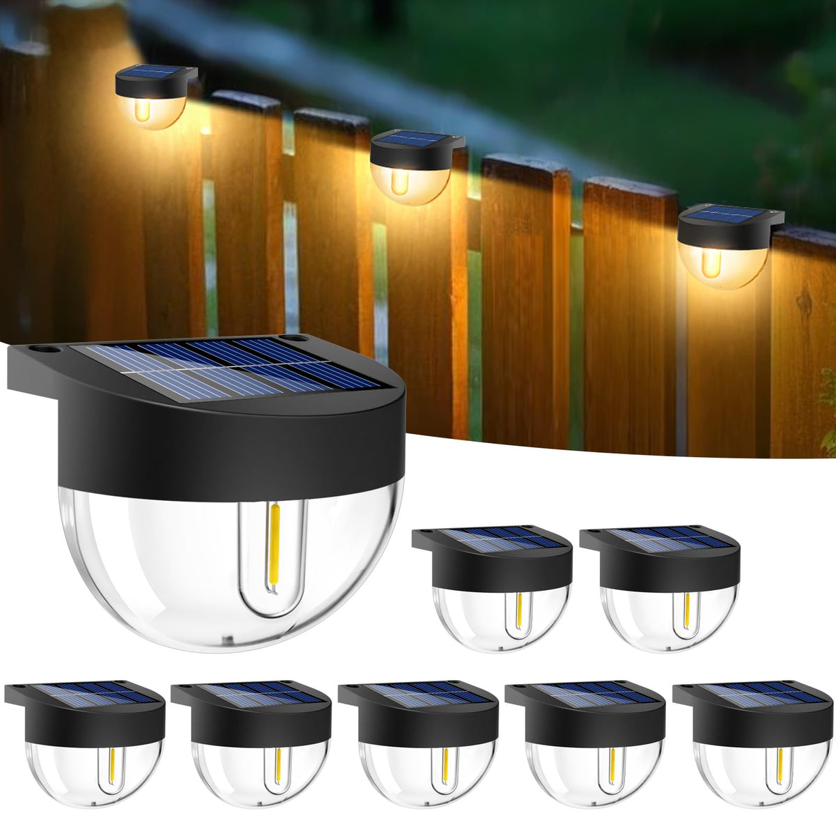 btfarm 8-pack solar deck lights illuminate outdoor spaces with warm white glow for safe steps.