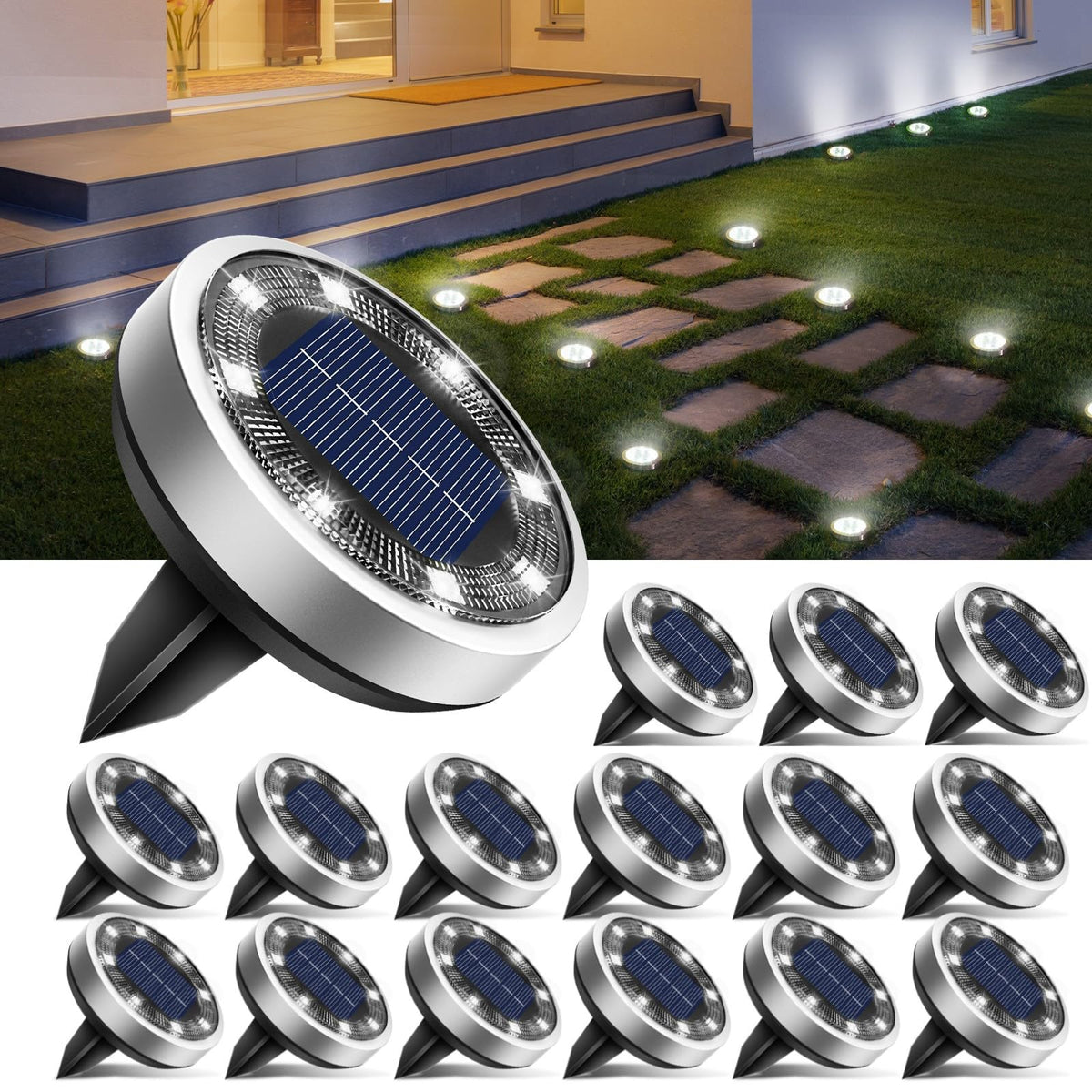 btfarm solar ground light round disc on ground for clear garden path illumination.