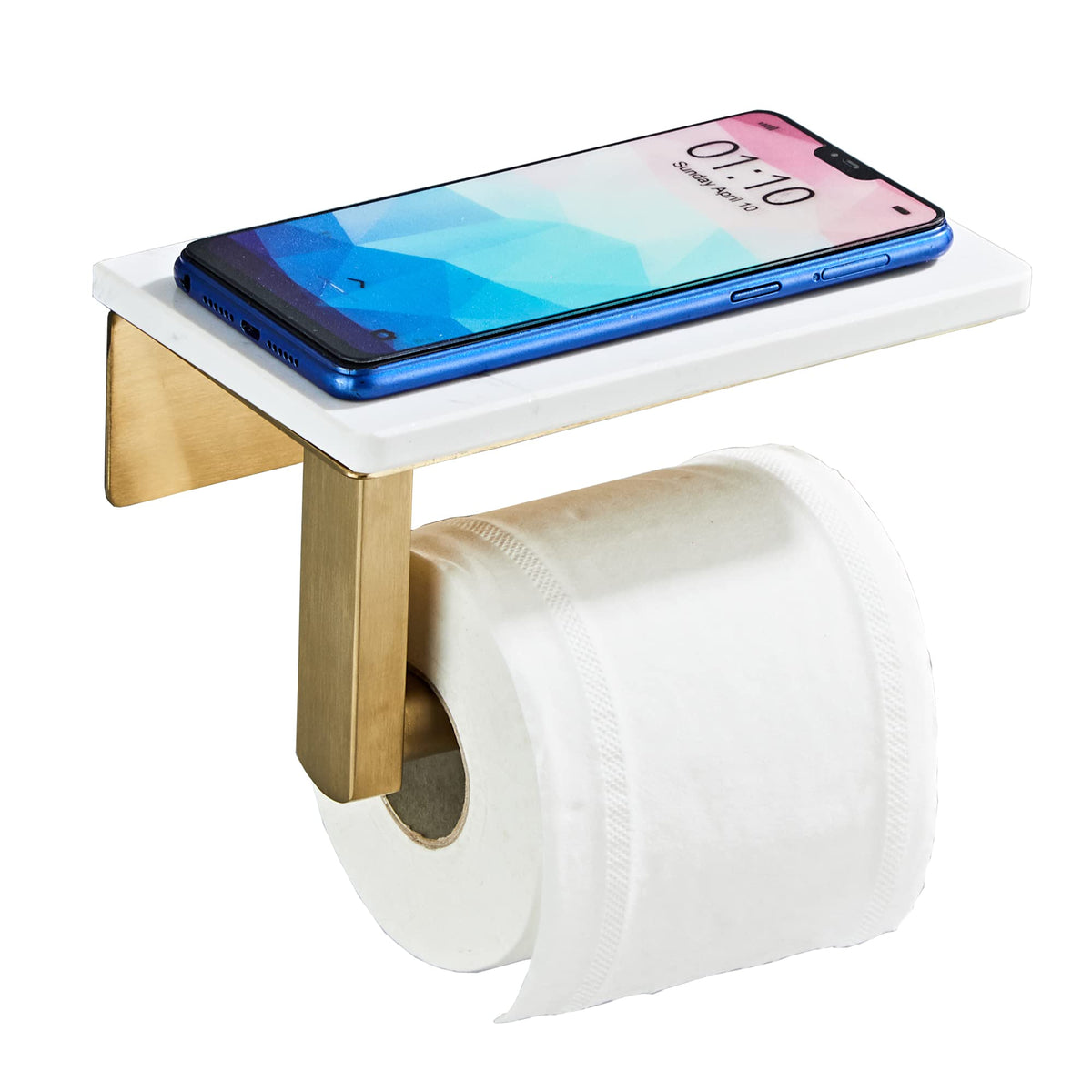 BTHRMHW brushed gold toilet paper holder with marble shelf, durable storage beside the toilet.