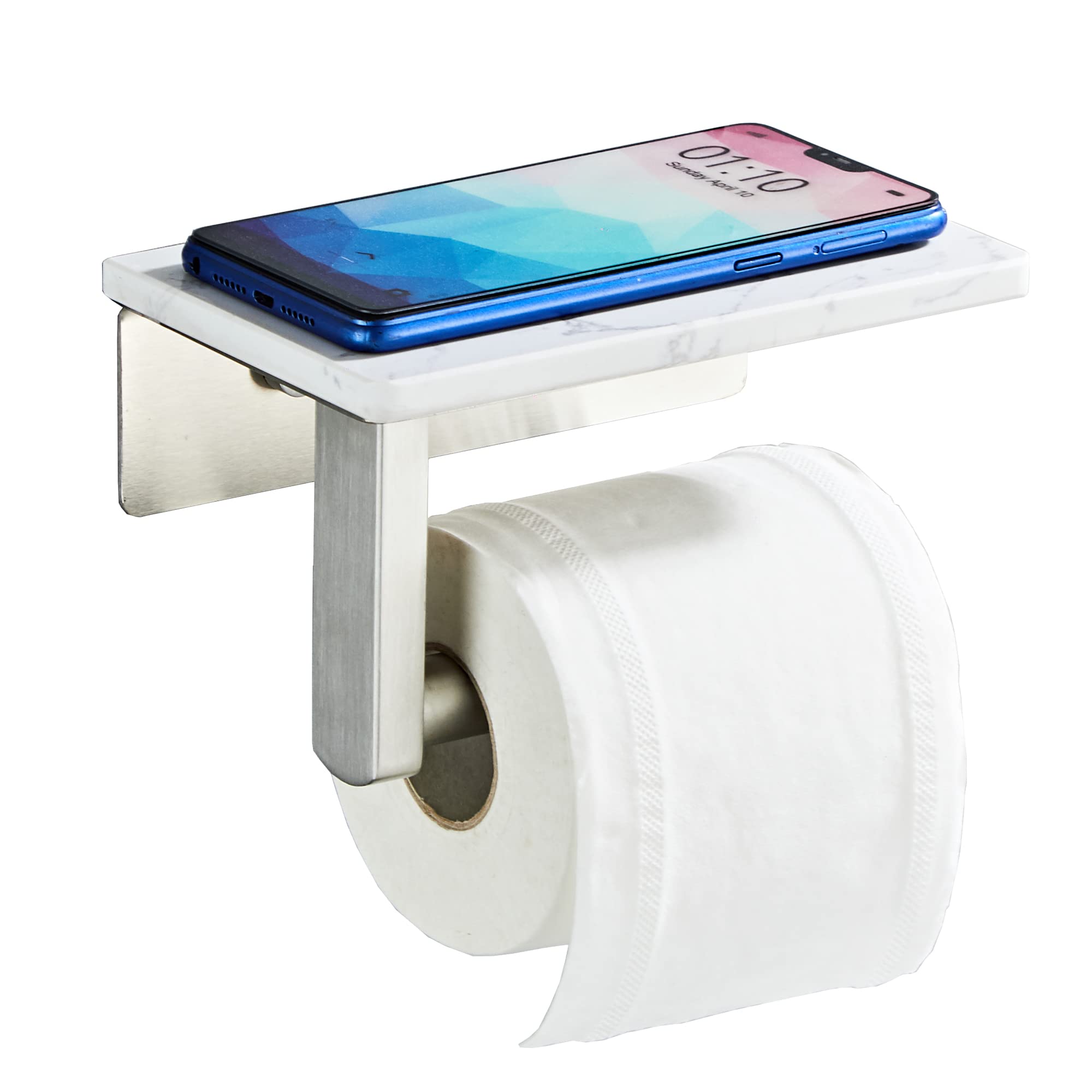 BTHRMHW Brushed Nickel Toilet Paper Holder with Marble Shelf, front view for stylish bathroom organization.
