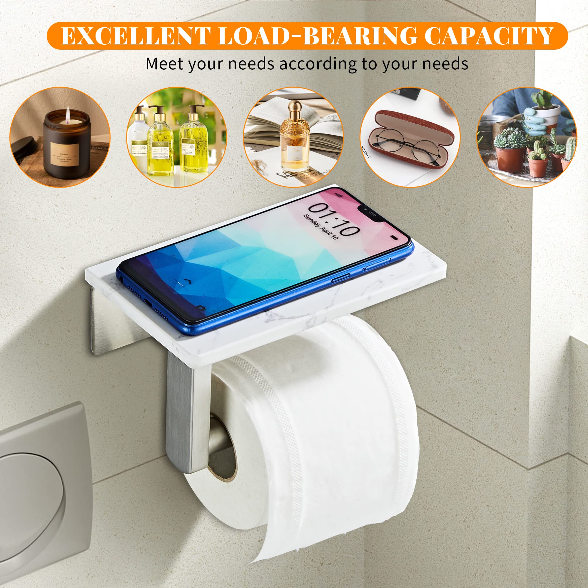 BTHRMHW shelf holding phone and essentials in bathroom setup.